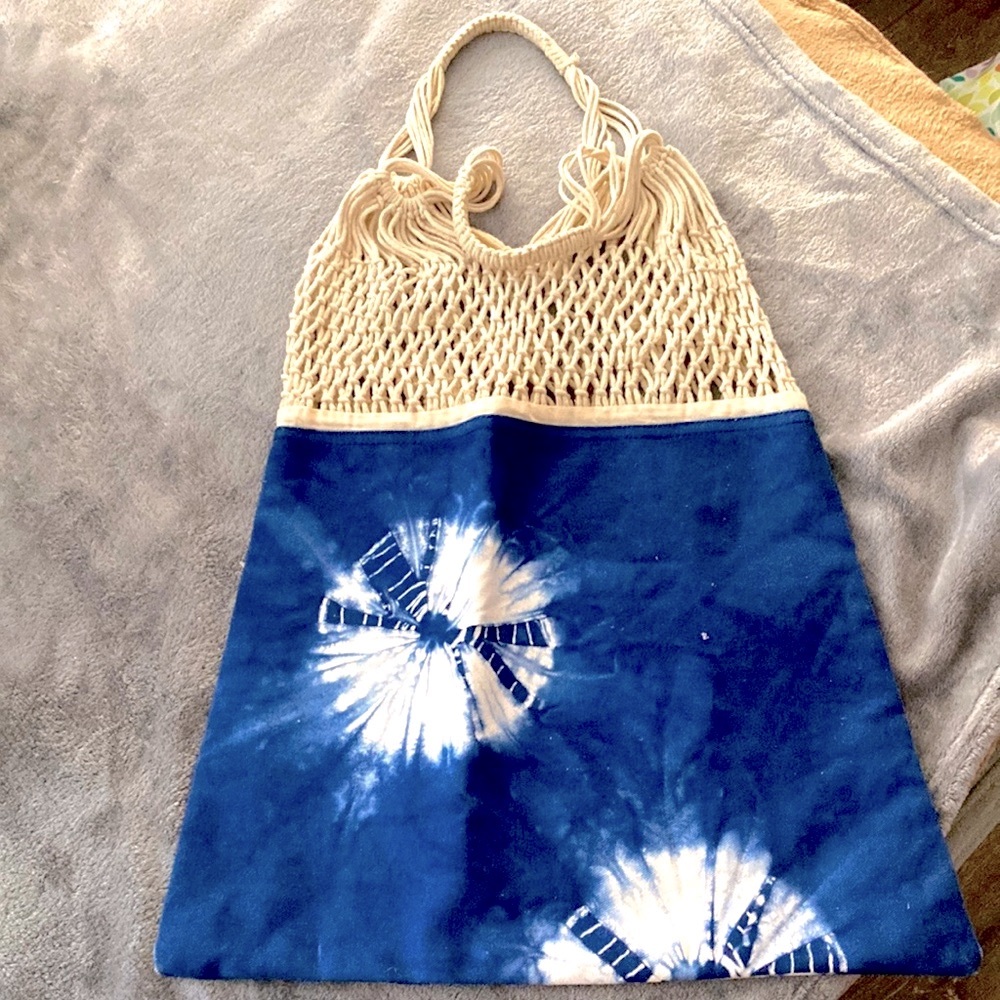 Tie-dye large purse : tote : beach bag with crochet top and handles